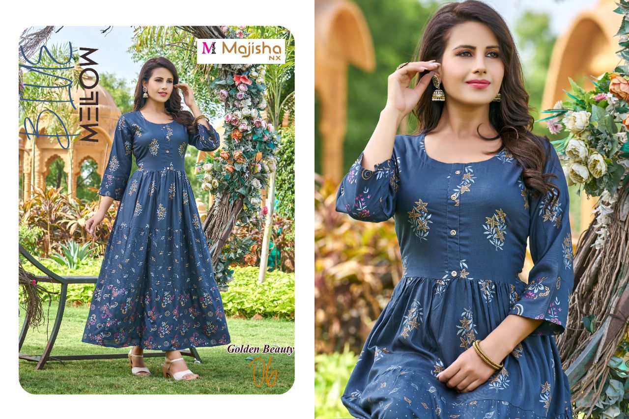 Majisha Nx Golden Beauty Ethnic Wear Rayon Long Anarkali Kurti Collection